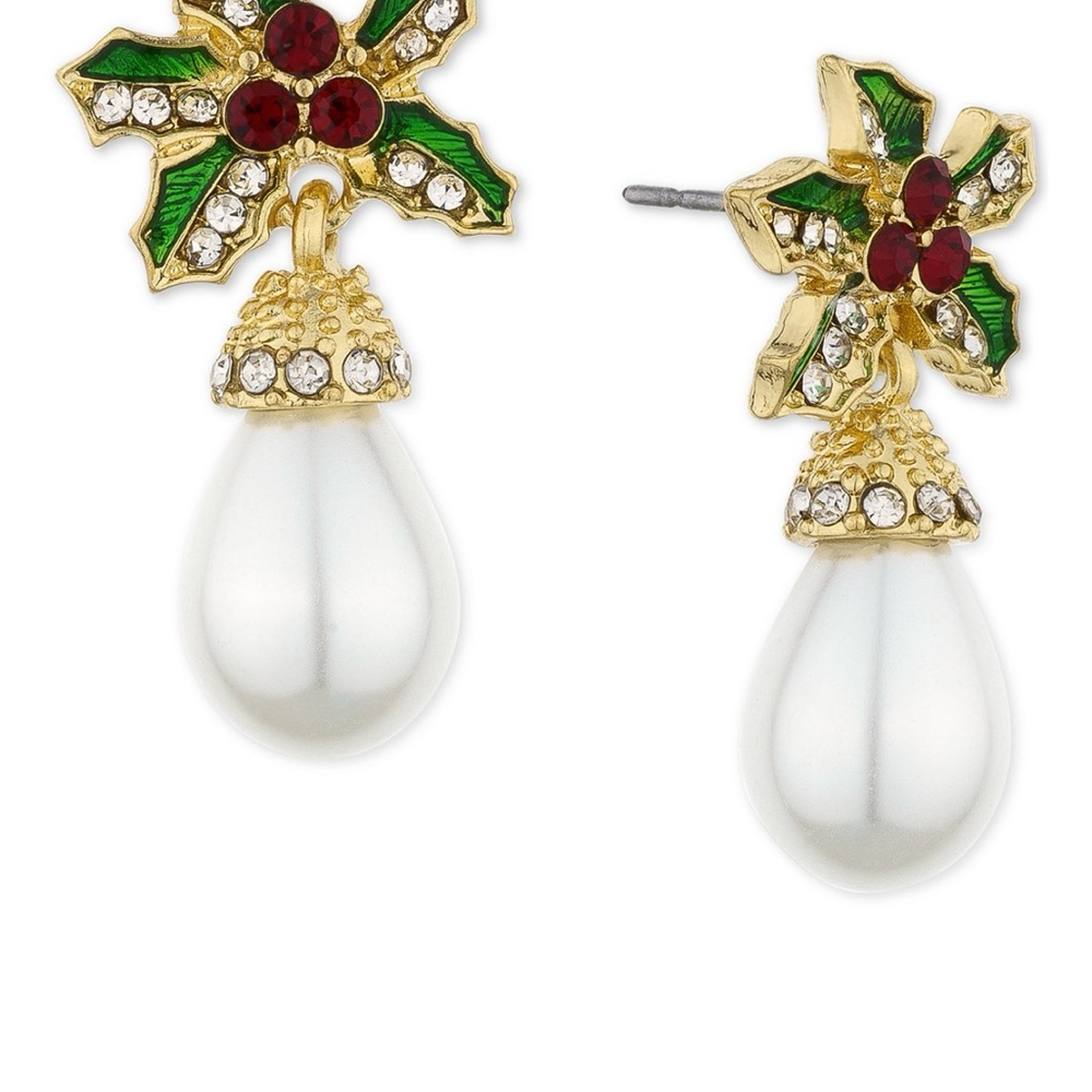 NWT Festive Gold Tone Holly and Imitation and Pearl Drop Earrings‎